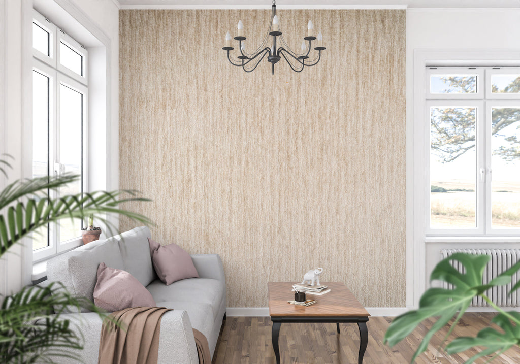 Beige wood effect wallpaper in dining room creating warm, natural atmosphere