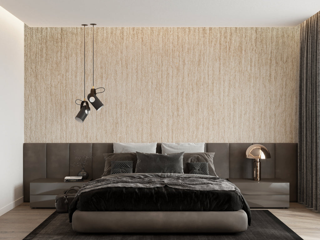 Wood grain wallpaper installed in office space highlighting vertical pattern