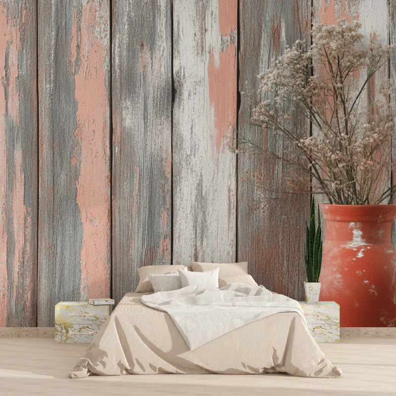 Rustic wood pattern wallpaper in cozy living room setting with terracotta and grey tones