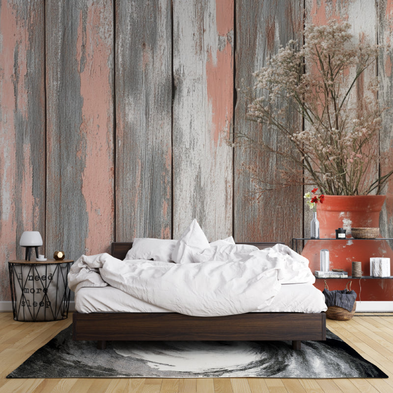 Terracotta and grey wood wallpaper in contemporary bedroom setting