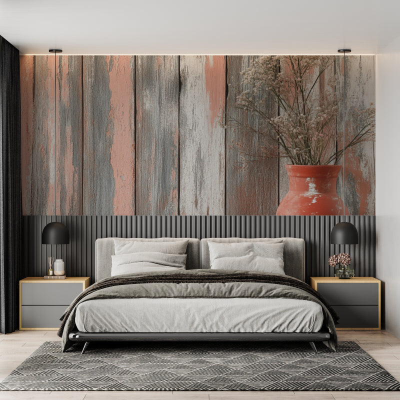 Rustic wood mural in home office showing weathered texture detail