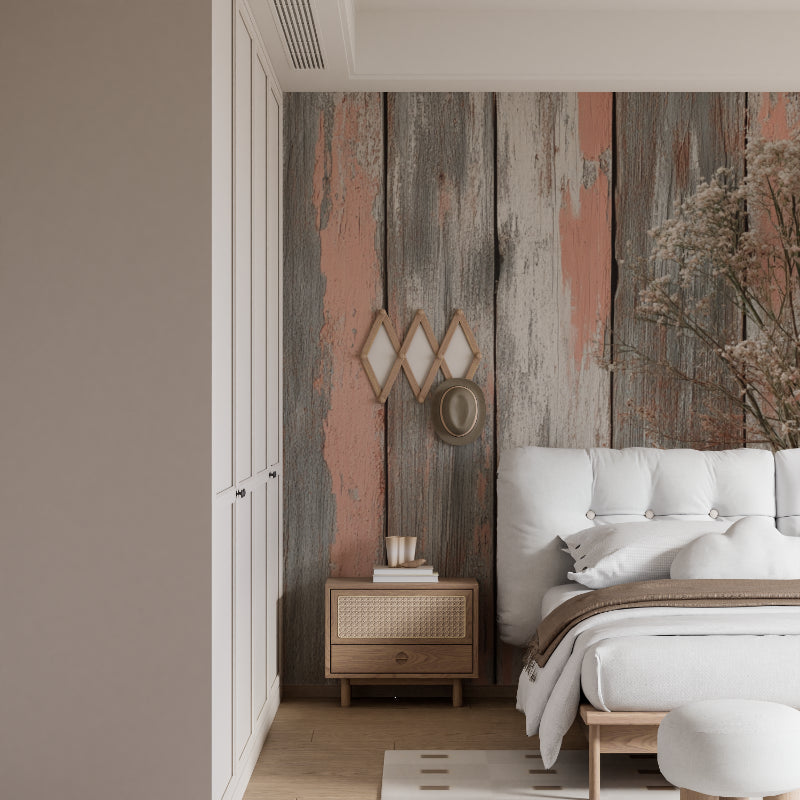 Wood pattern wall mural showcasing soft terracotta tones in hallway