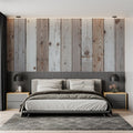 Rustic wood plank wallpaper in a bright modern living room with minimal furniture