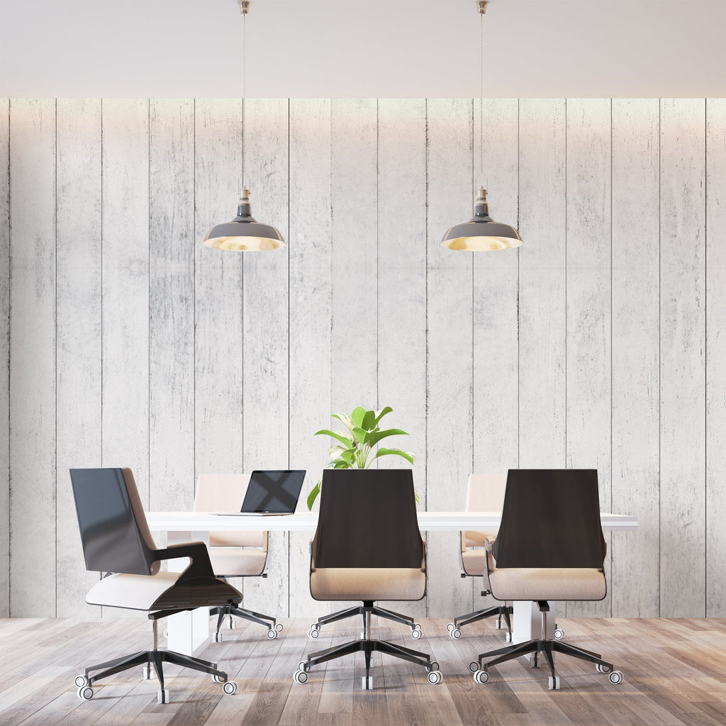 White wood plank wallpaper in a bright Scandinavian living room with natural light and minimal furniture