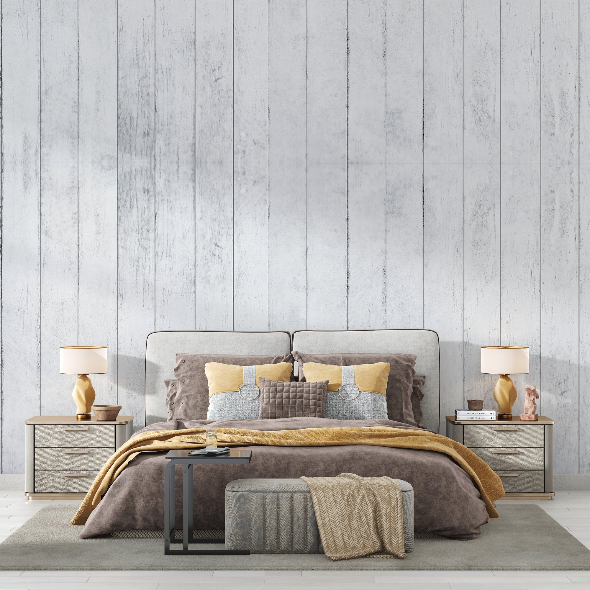 Modern bedroom featuring white wooden wall mural creating a cozy, bright atmosphere