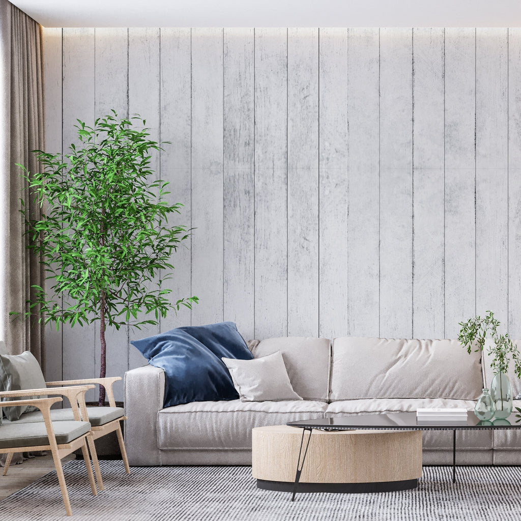 White rustic wood effect wallpaper in a clean, modern kitchen space