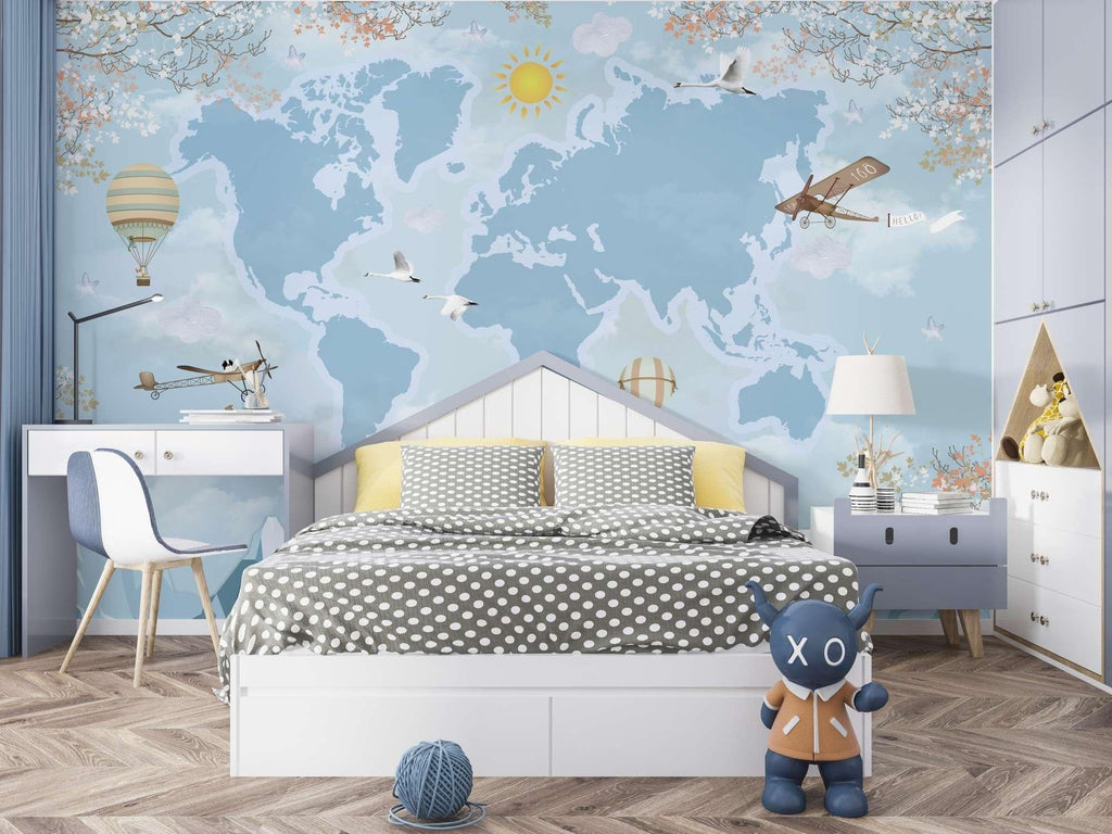 World Map Wallpaper creating an educational atmosphere in a bright modern playroom