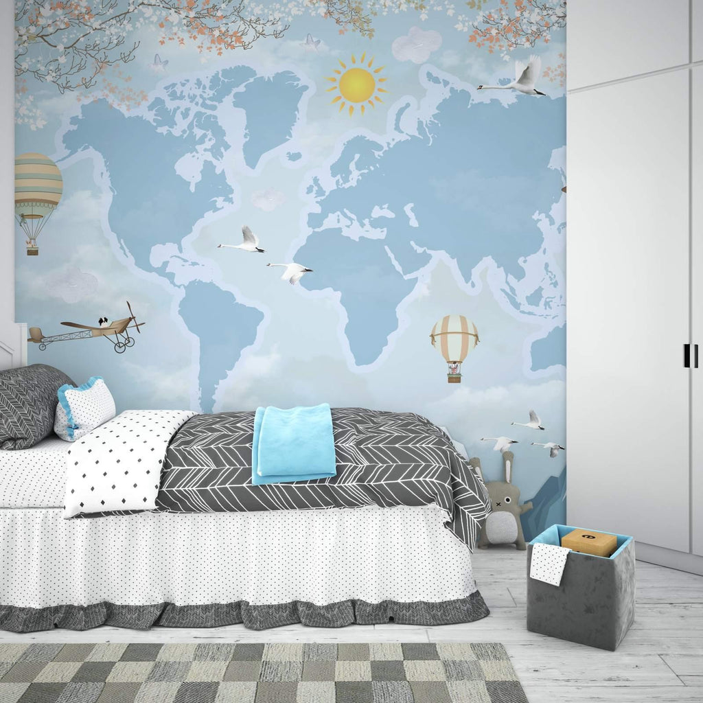 Educational Map Mural displayed in a cozy kids bedroom with reading nook