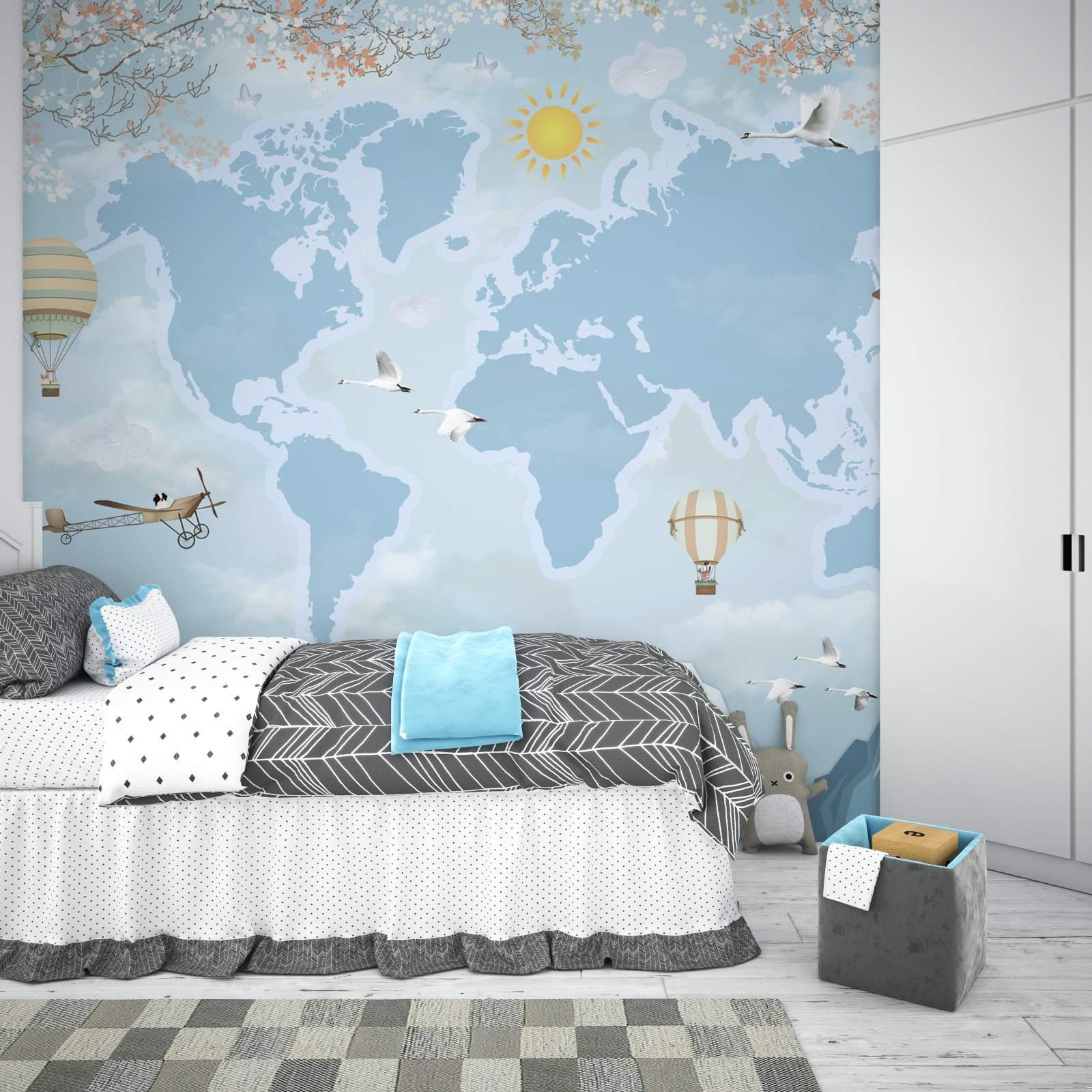 Educational Map Mural displayed in a cozy kids bedroom with reading nook