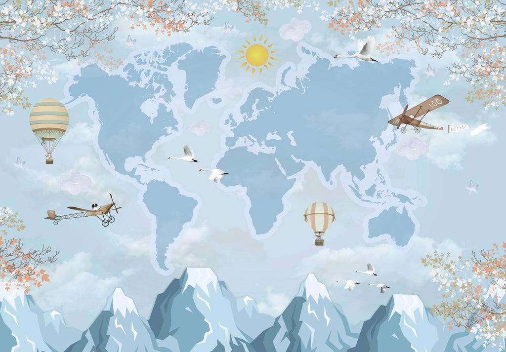World Map design file showing detailed hot air balloons and vintage aircraft pattern