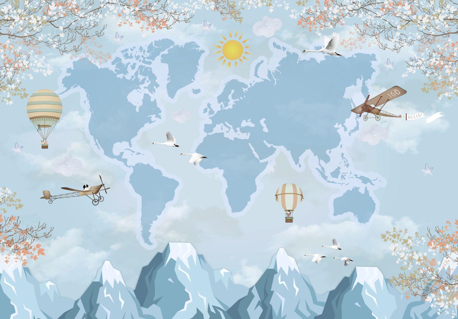 World Map design file showing detailed hot air balloons and vintage aircraft pattern