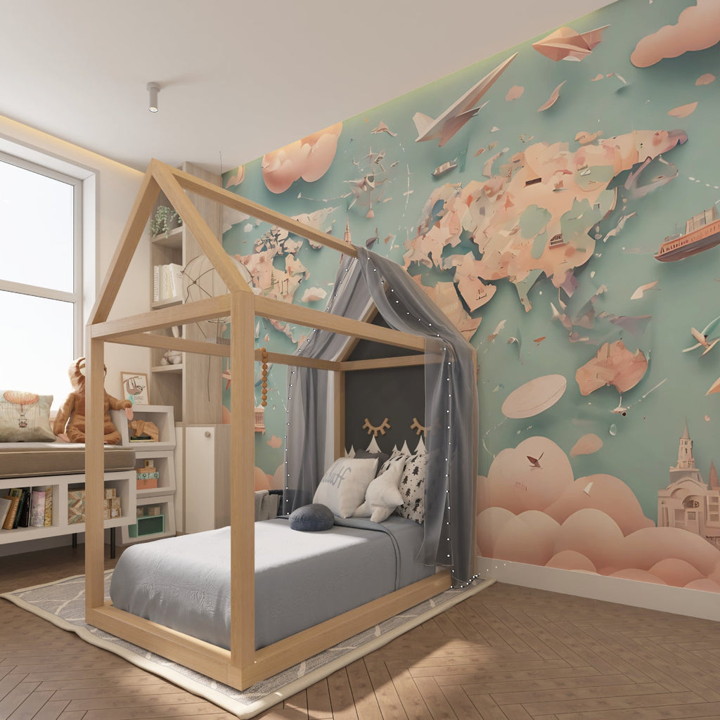 Educational map mural displayed in a cozy study corner with reading nook