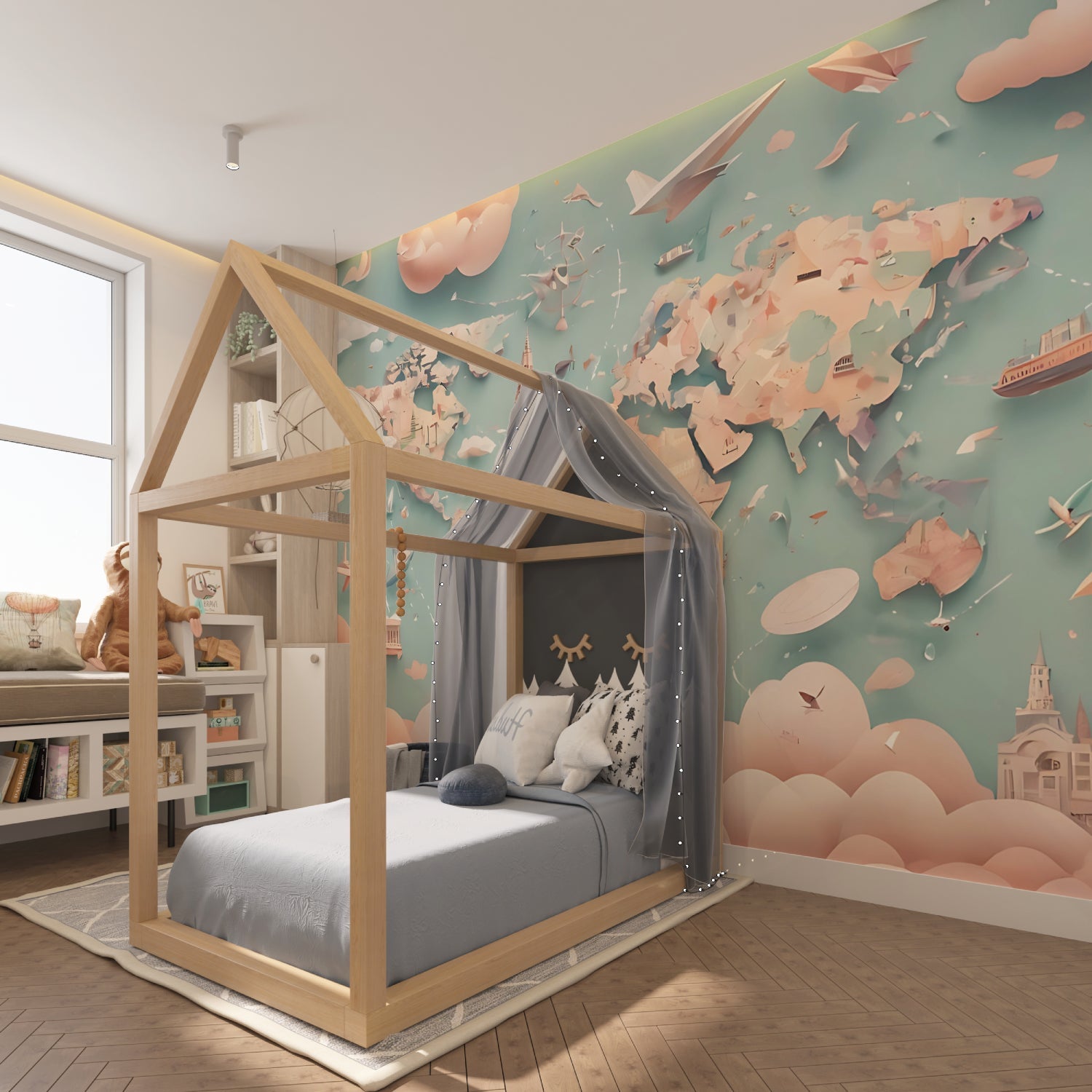 Educational map mural displayed in a cozy study corner with reading nook