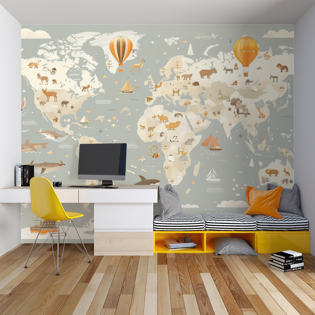 World map wallpaper in bright kids bedroom showing animals and hot air balloons