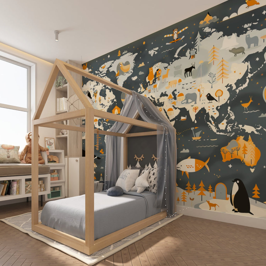 Educational map mural in a modern kids bedroom creating an engaging learning space