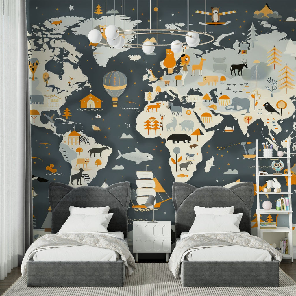 Children's study area featuring world map wallpaper with playful animal illustrations
