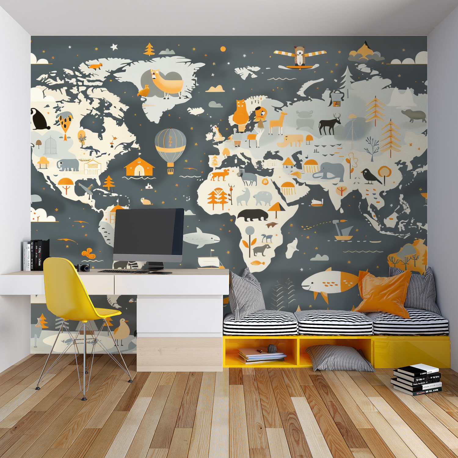 World map wall mural bringing geography and adventure to a homeschool classroom