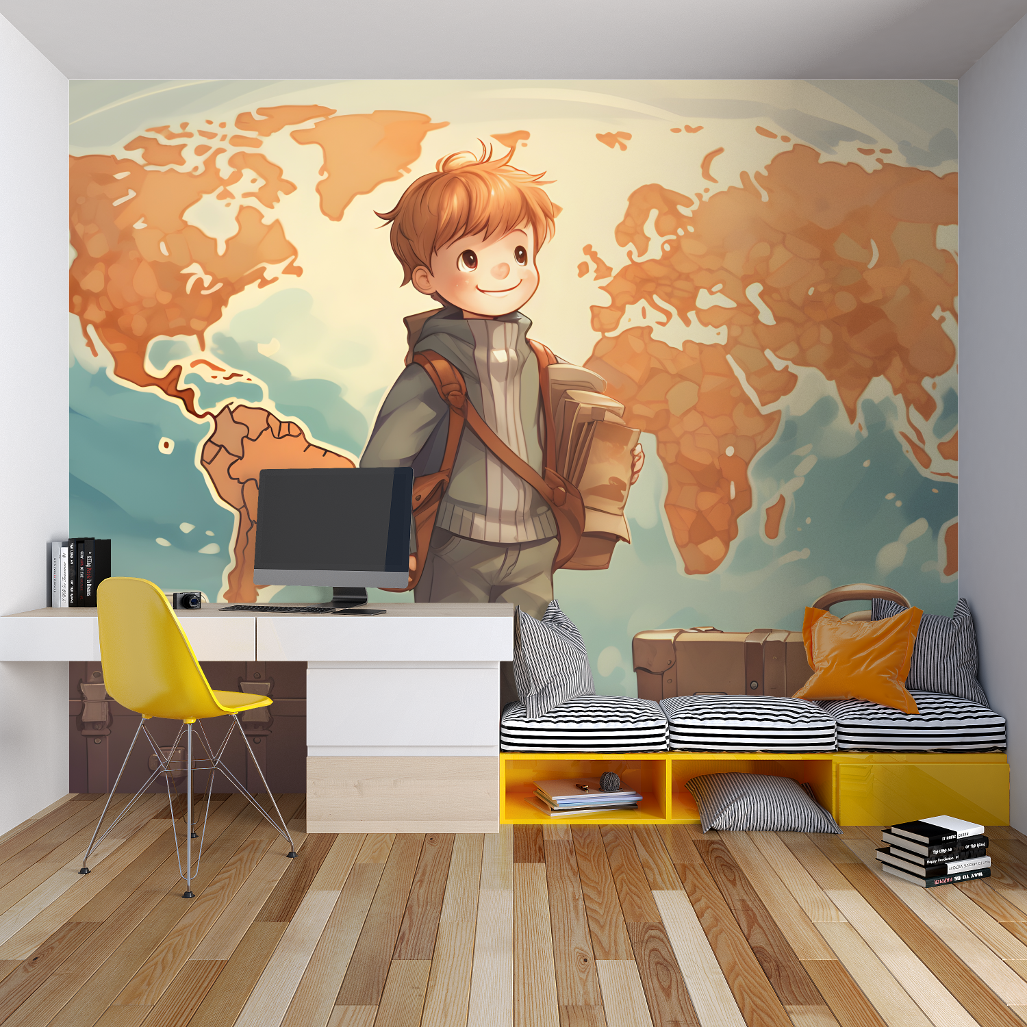 Educational map mural displayed in modern study room with desk setup