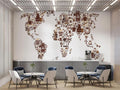 World map coffee wall mural creating a warm atmosphere in a modern dining room with brown and gold accents