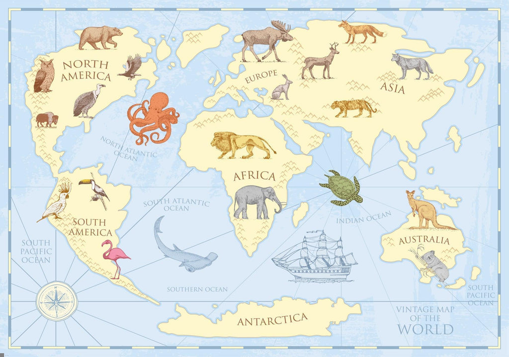 World Map Wallpaper design file showing detailed animal illustrations and geographic features