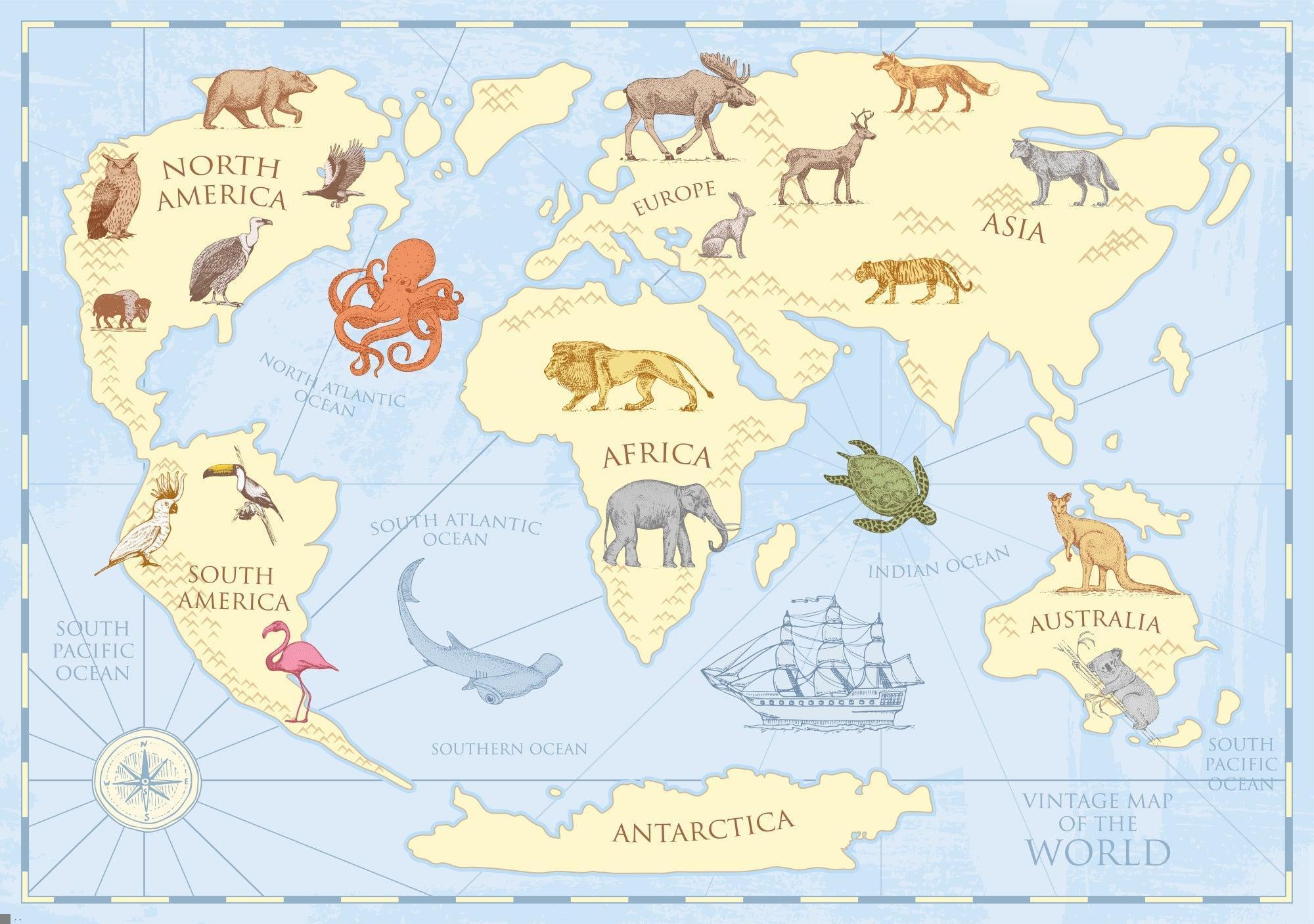 World Map Wallpaper design file showing detailed animal illustrations and geographic features
