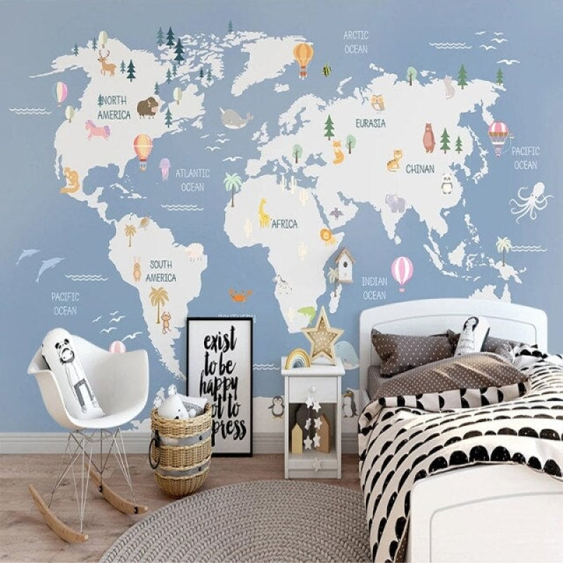 Homeschool room with world map mural showing animals