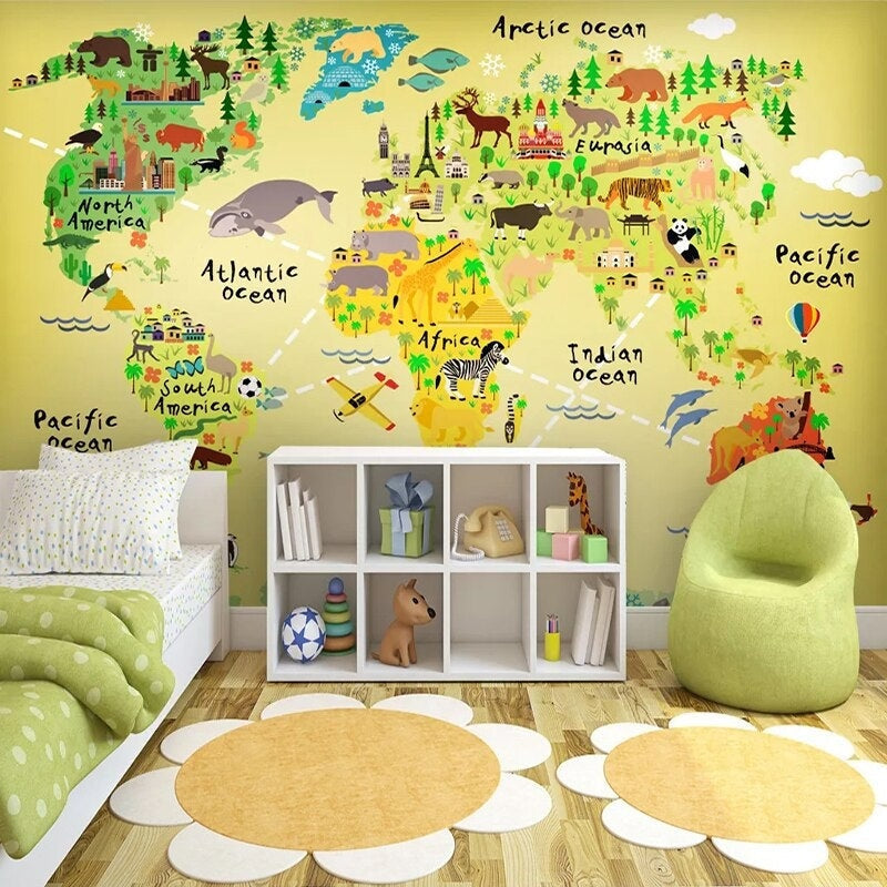 Daycare center wall with educational map wallpaper