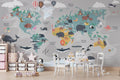 World map wallpaper bringing education alive in a bright modern playroom with wooden furniture