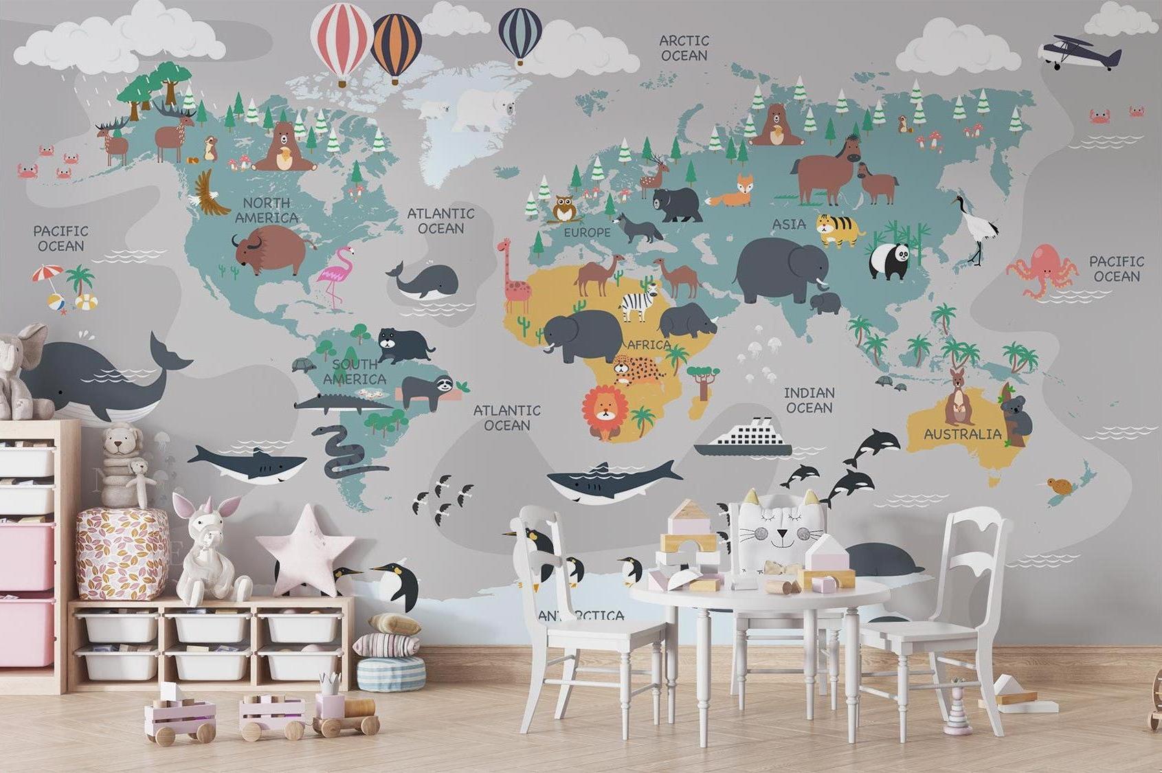 World map wallpaper bringing education alive in a bright modern playroom with wooden furniture