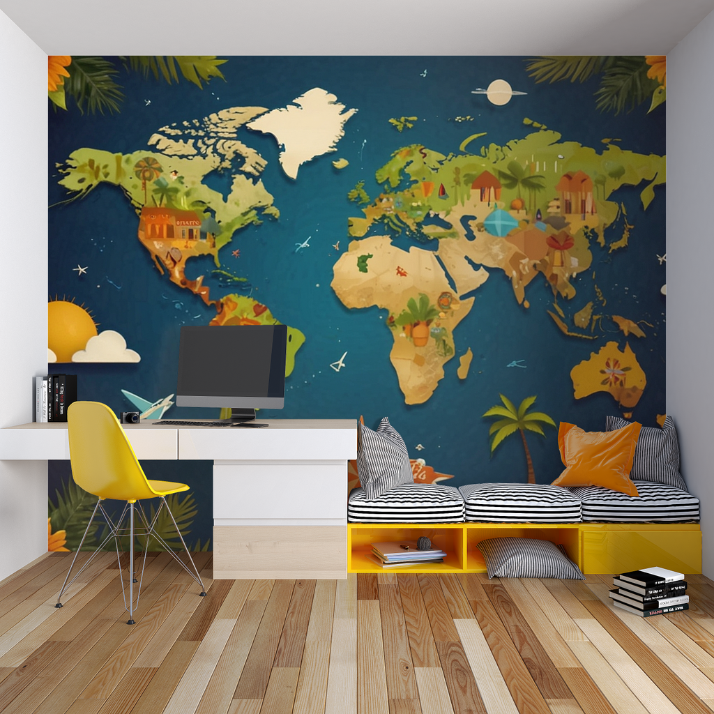 World Map Wall Mural making a statement in a children's library corner with reading chair
