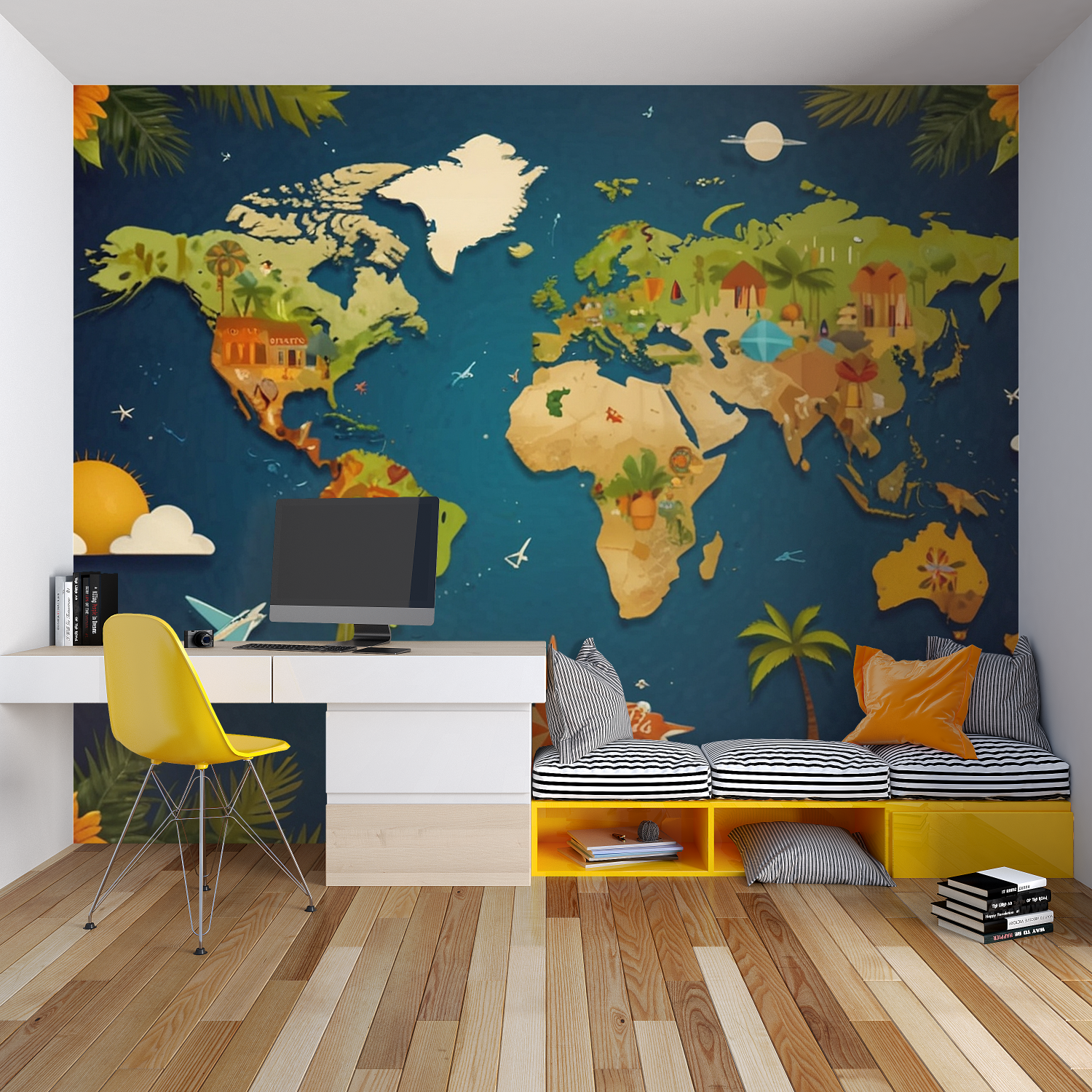World Map Wall Mural making a statement in a children's library corner with reading chair