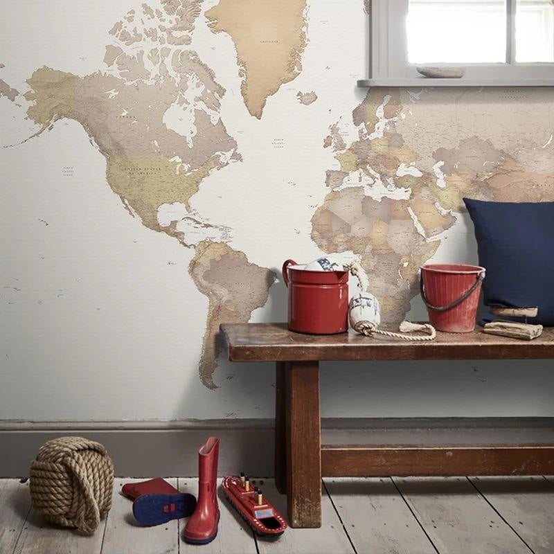 Educational World Map Wallpaper installed in a modern study room with natural lighting