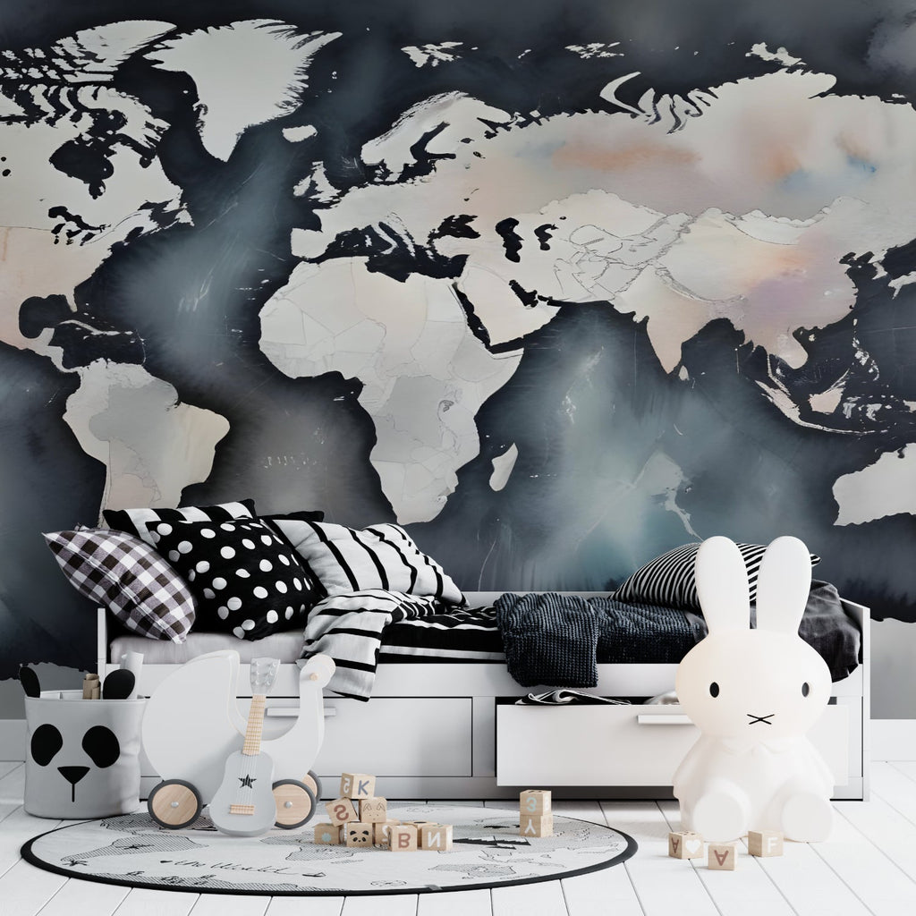 Study room with navy blue world map wall mural, showcasing detailed continents and watercolor effect