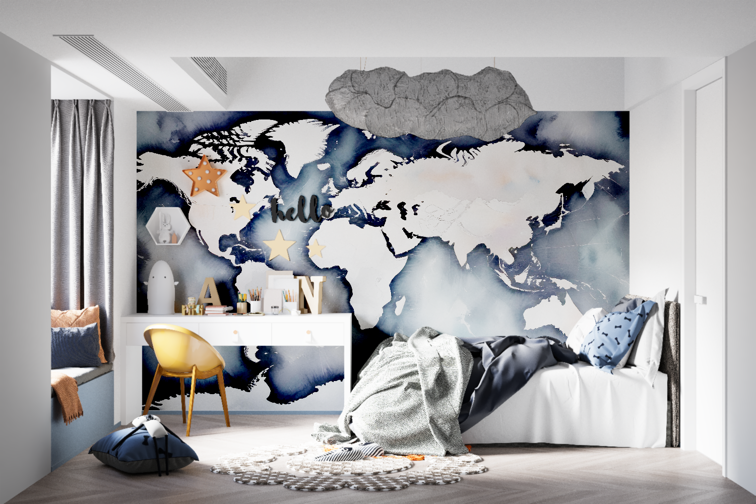 Living room decorated with sophisticated world map wallpaper in navy and white tones