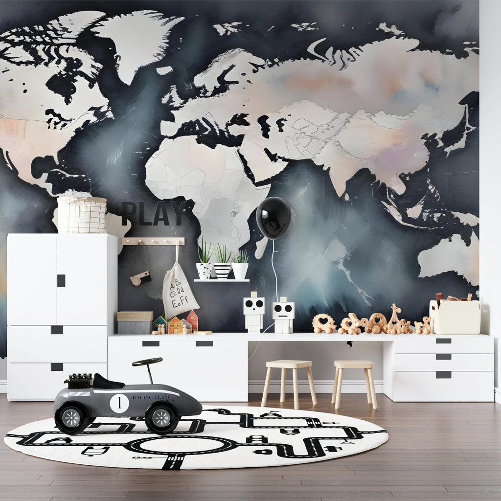 Teen bedroom featuring modern world map mural in navy blue and white watercolor style