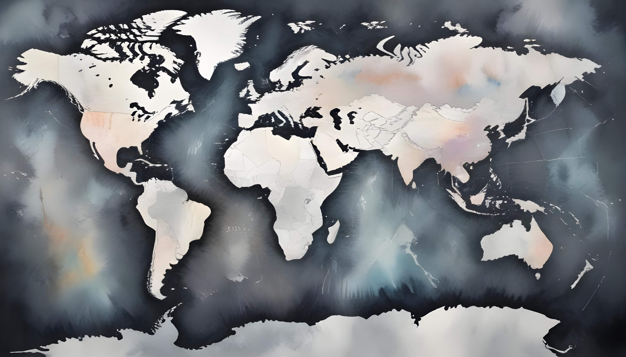 World map wallpaper design file showing detailed continents and navy blue watercolor pattern