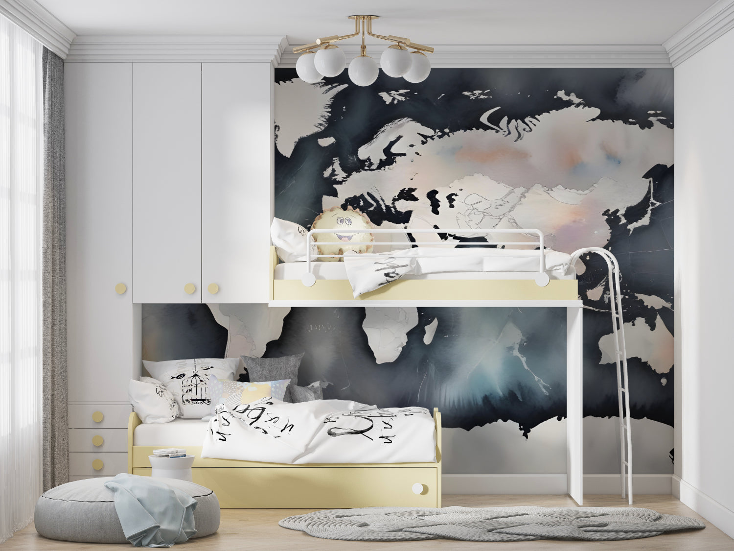 Modern Map Wallpaper in bedroom creating calming atmosphere with navy blue watercolor effect