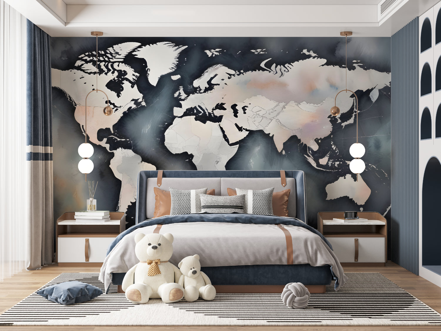 Navy World Map Mural in study room showing scale and detail of continental design