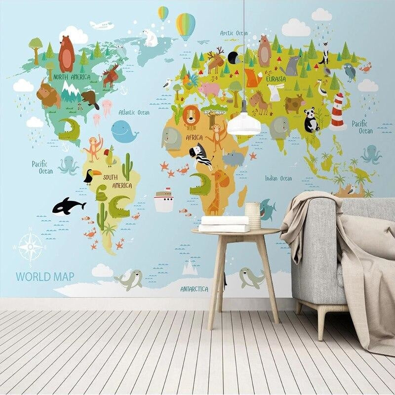 Educational world map mural transforming a modern playroom into an engaging learning space