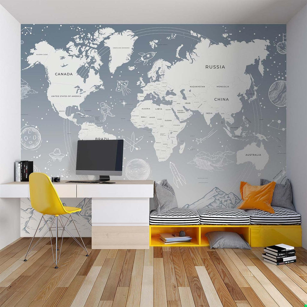 Space-themed world map mural in playroom setting