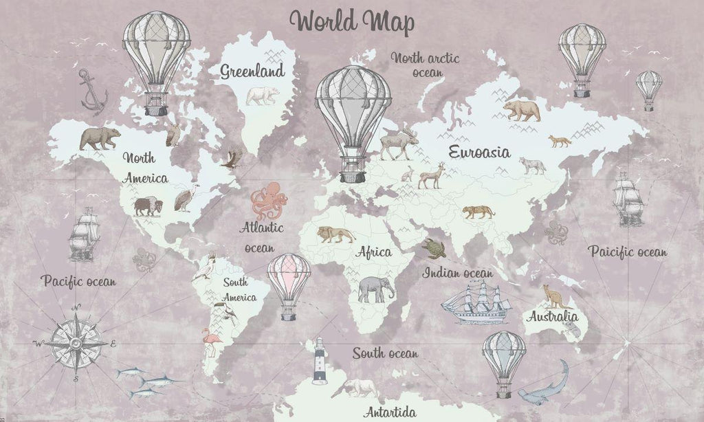 World map wallpaper design file showing vintage explorer theme with hot air balloons and wildlife illustrations