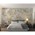 Vintage World Map Wallpaper creating a sophisticated atmosphere in a modern home office with wooden furniture