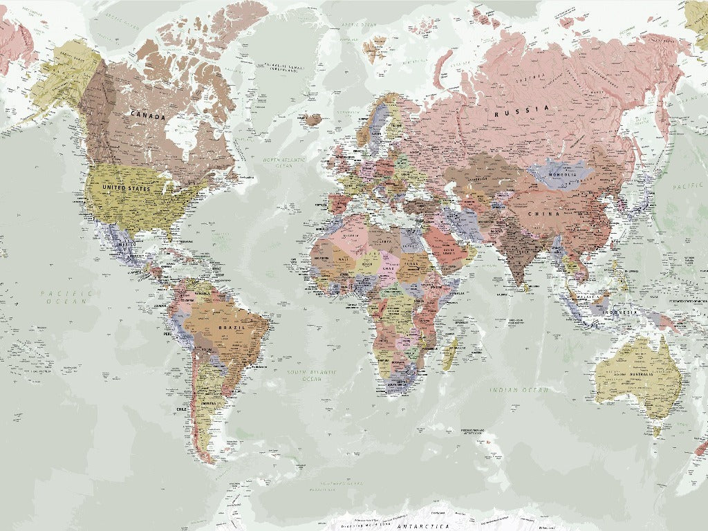 World Map Wallpaper design file showing complete pattern with pastel color scheme and detailed geography