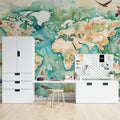 World map wallpaper in bright modern playroom showing children exploring continents and animals