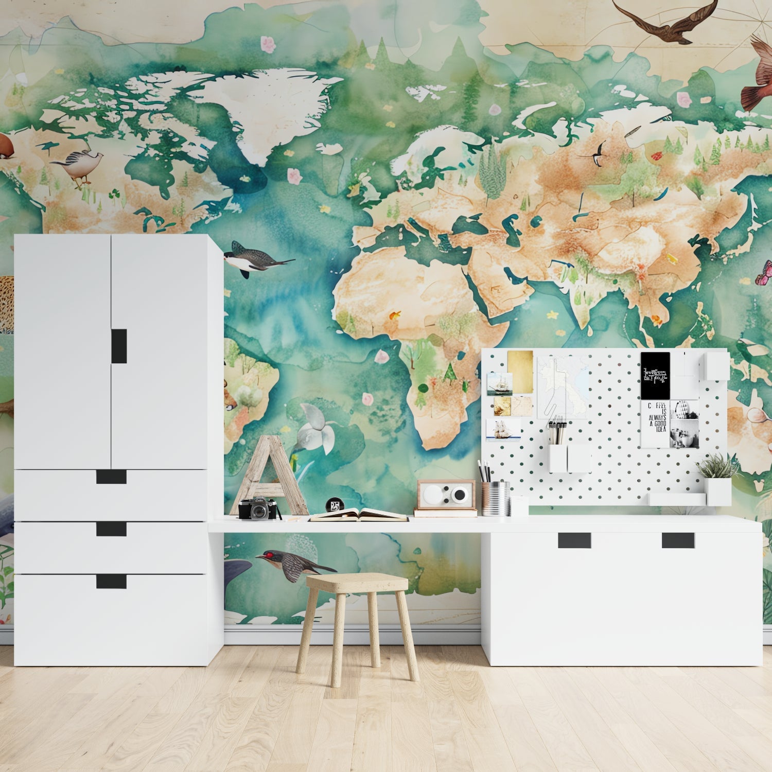 World map wallpaper in bright modern playroom showing children exploring continents and animals