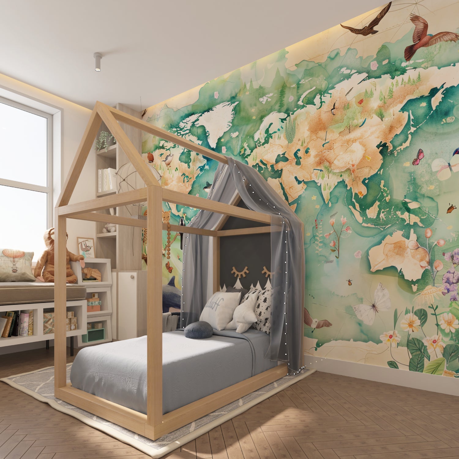 Educational map mural displayed in cozy study area with reading nook