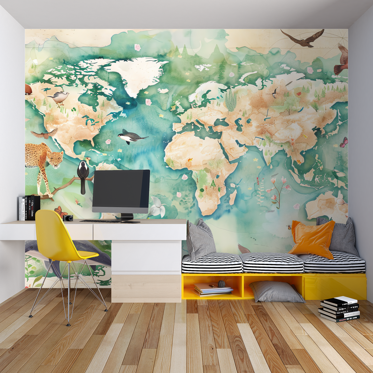 Kids bedroom featuring world map wallpaper with watercolor wildlife details