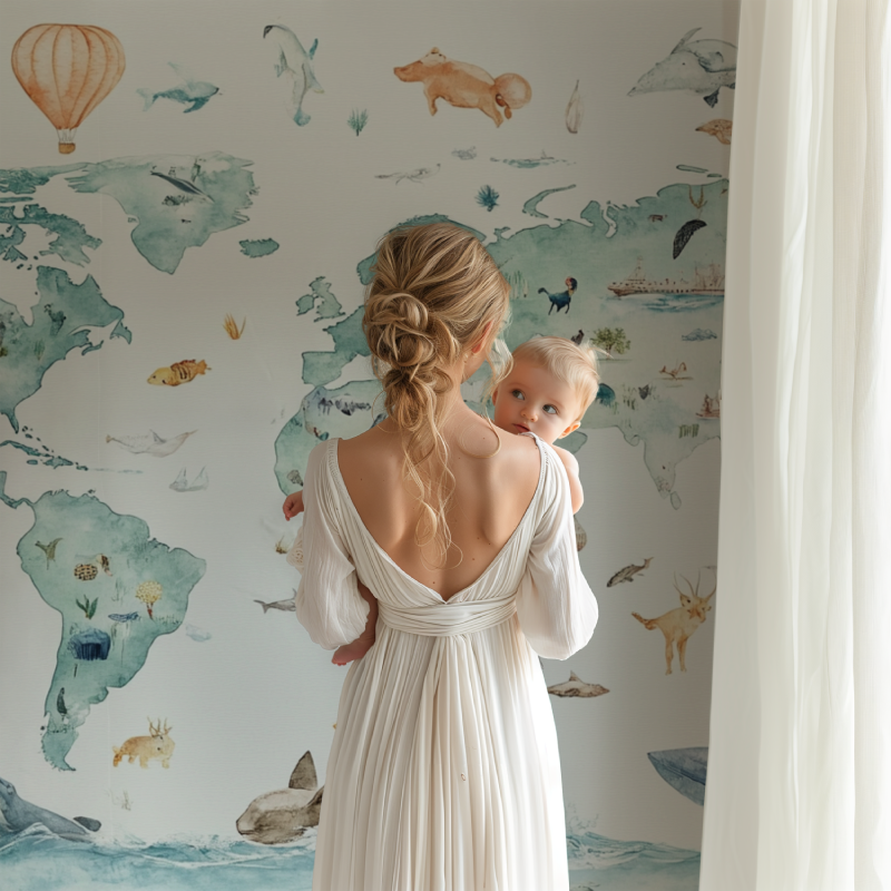 Playroom wall decorated with world map wallpaper showing continents and wildlife