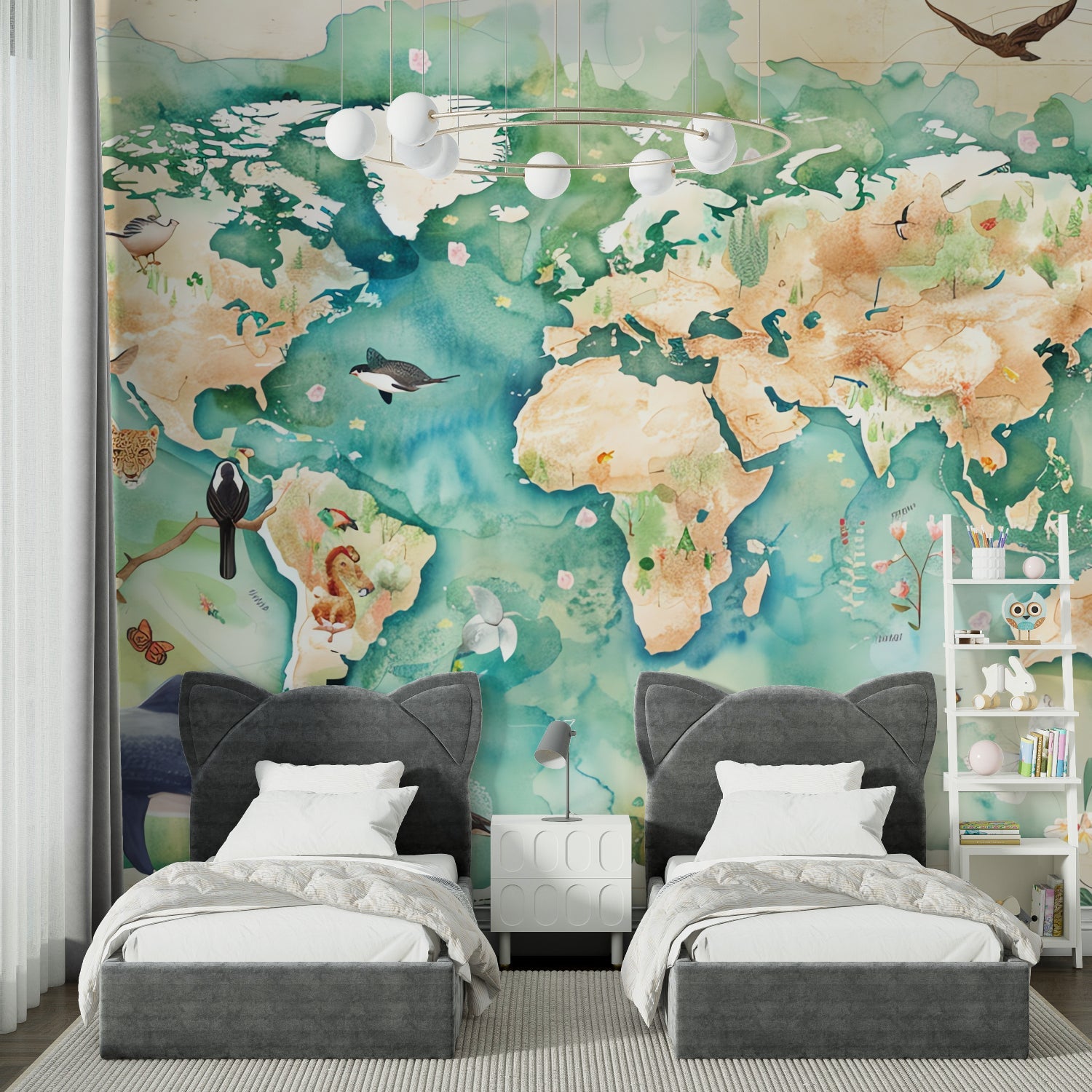 World map wall mural bringing color and education to homeschool room