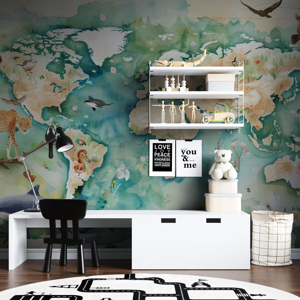 Nursery decorated with gentle watercolor world map and animal design
